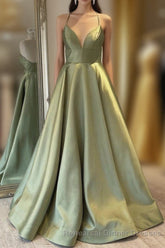 Green Simple A Line Satin Spaghetti Straps Long Semi Formal Prom Dresses